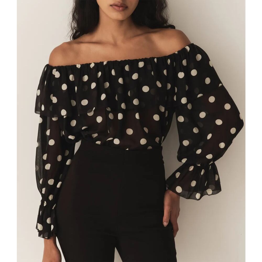 Doen Black Polka Dot Off-Shoulder Blouse with White Dots